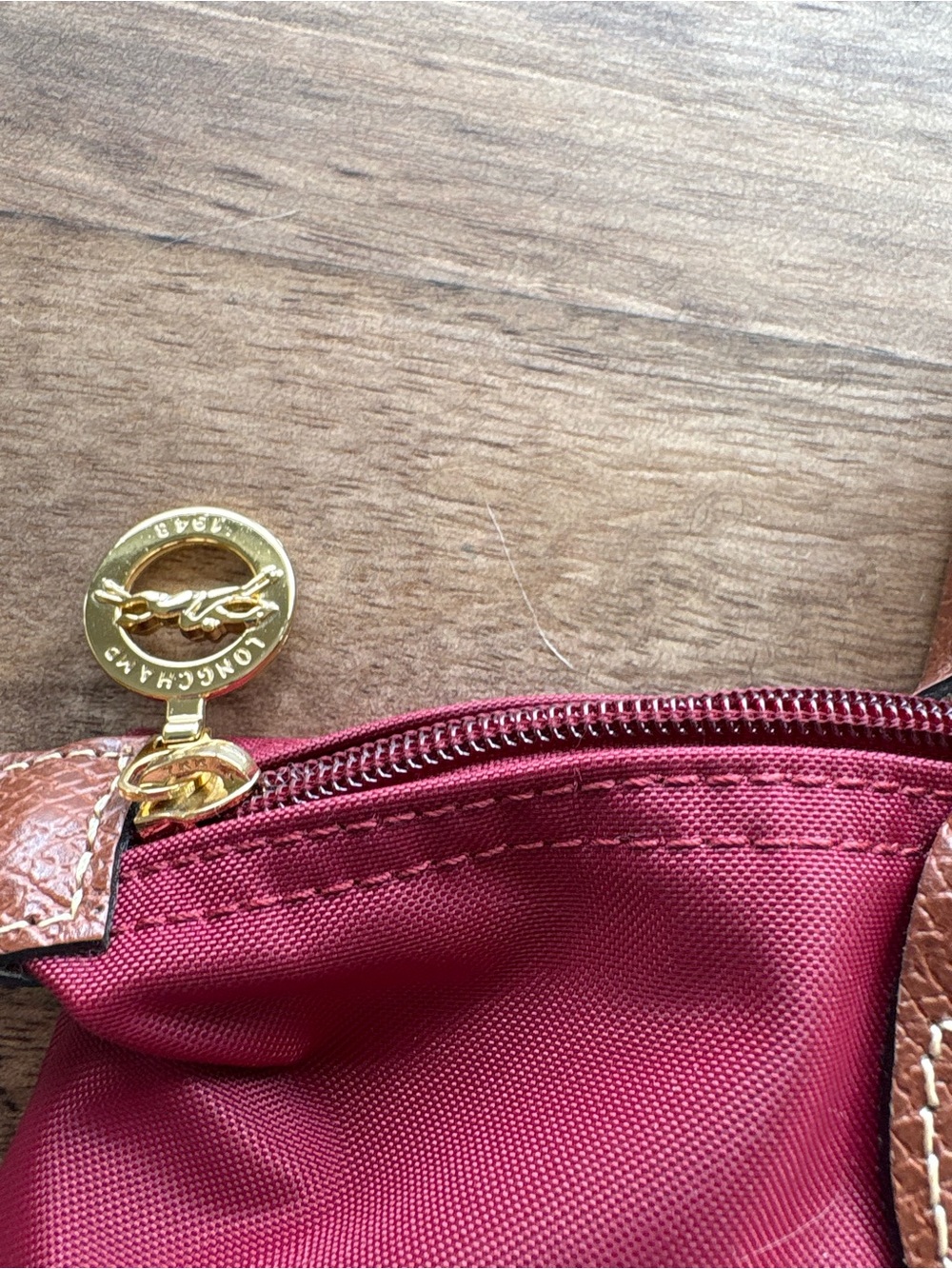 Longchamp Le Pliage Burgundy Tote with Brown Leather Trim - Picture 5 of 13